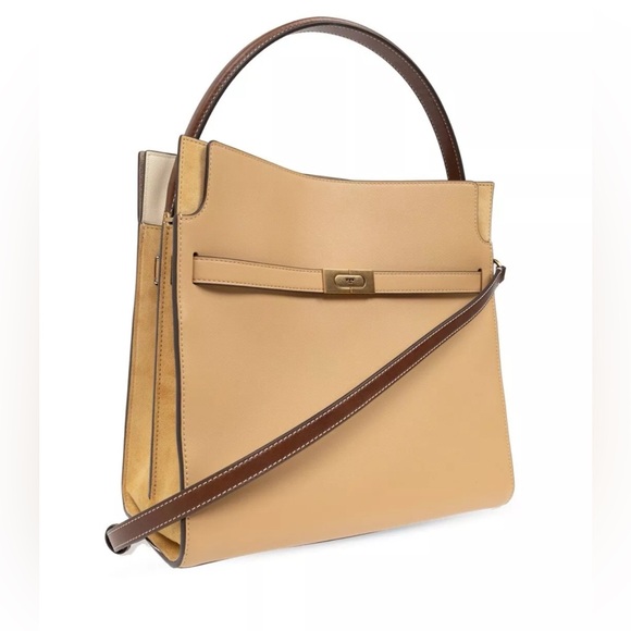 NEW Tory Burch Tan Leather Lee Radziwill Double Bag $1450 Plastic Wrap On - Picture 3 of 7